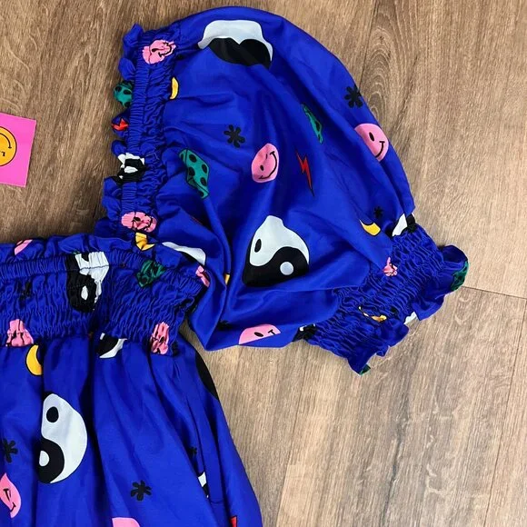 NEW Dressed in LALA Forget the Rules Icon Dress Blue Yin Yang Smile Dress L - Picture 8 of 15
